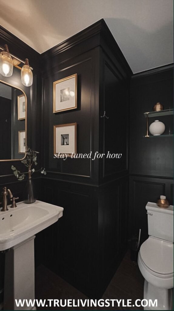A moody and sophisticated luxury powder room featuring dark painted wood paneling, a classic white pedestal sink with brass fixtures, and framed black and white artwork on the wall. A toilet and a small shelf with a decorative item are also visible.