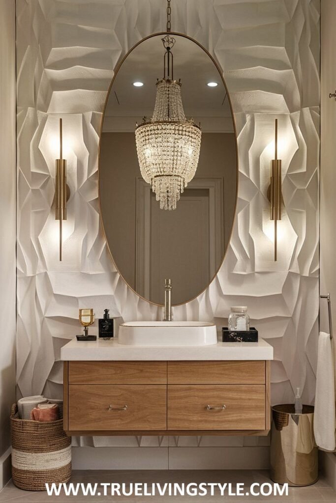 A glamorous luxury powder room with intricately textured white wall panels, a gold-framed oval mirror illuminated by modern sconces, a white countertop on a wooden vanity, and a dazzling crystal chandelier.