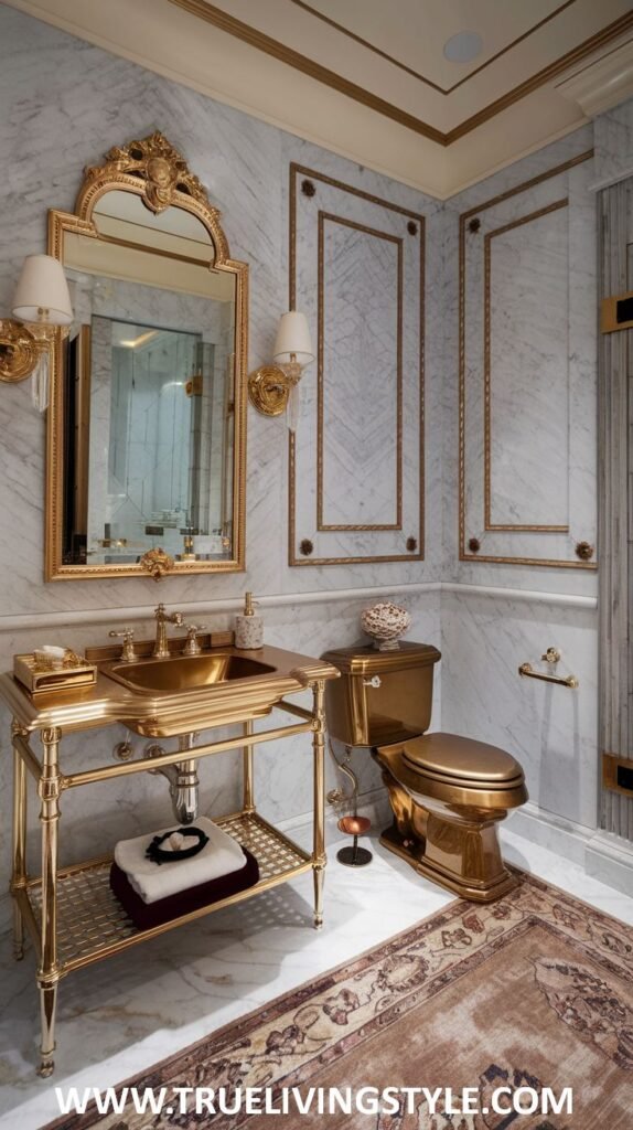 An opulent and richly detailed luxury powder room with marble walls accented by gold trim, an ornate gold-framed mirror above a gold washstand, and a coordinating gold toilet, exuding extravagance.