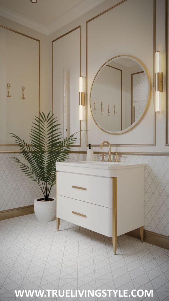 A chic and refined luxury powder room with white paneled walls featuring gold trim, a round gold-framed mirror, a minimalist white vanity with elegant gold legs and a gold faucet, and a tall potted plant adding a fresh element.
