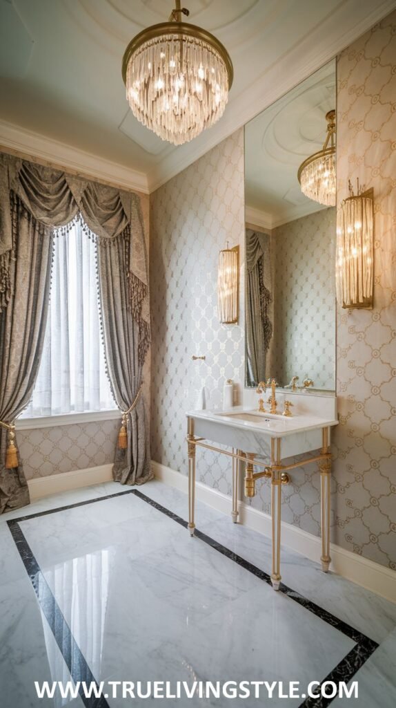 An elegant and luxurious powder room with patterned wallpaper, a large mirror reflecting a crystal chandelier, a marble countertop supported by a delicate gold-legged washstand, and a beautifully draped window with tassels.
