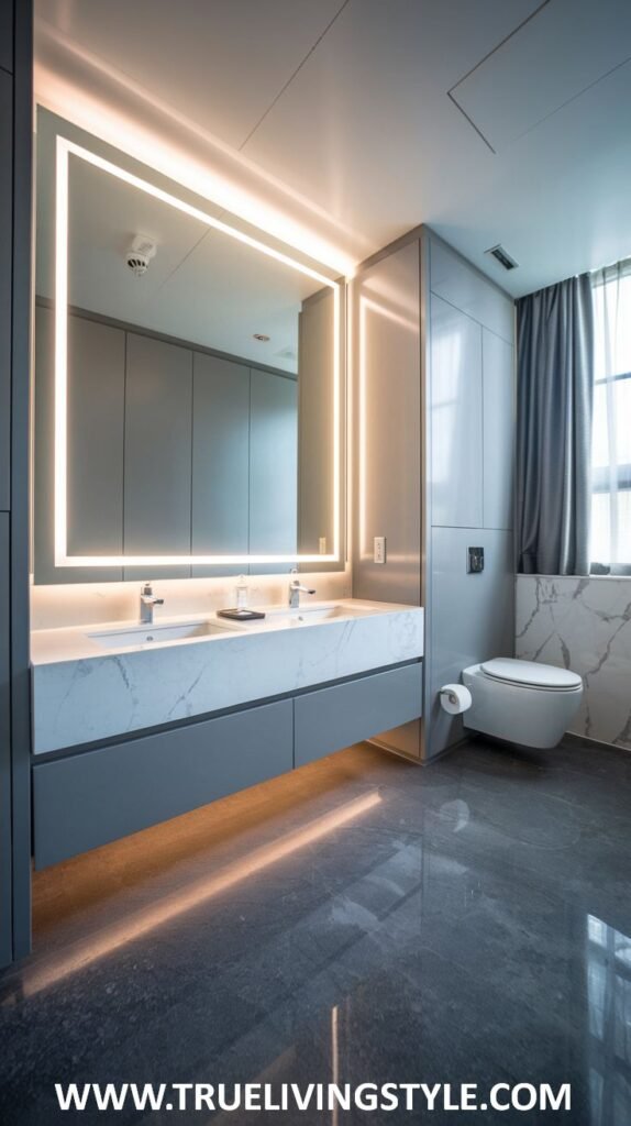 A contemporary and well-lit luxury powder room with a large rectangular mirror featuring integrated backlighting, a floating light grey double vanity with a white marble countertop and modern vessel sinks, and a sleek wall-mounted toilet.