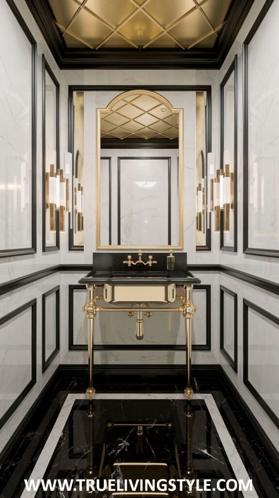 A bold and striking luxury powder room with contrasting black and white marble walls, a gold-framed arched mirror above a black washstand with ornate gold fixtures, and a luxurious gold-patterned ceiling.
