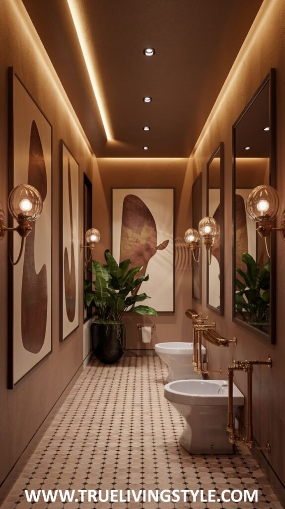 A uniquely designed luxury powder room with warm brown tones, abstract artwork on the walls, globe-shaped sconces providing soft lighting, two toilets with gold fixtures, and a bidet in a row.