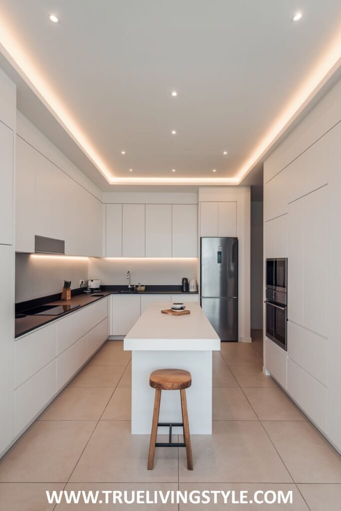 A kitchen with minimalist spotlights.