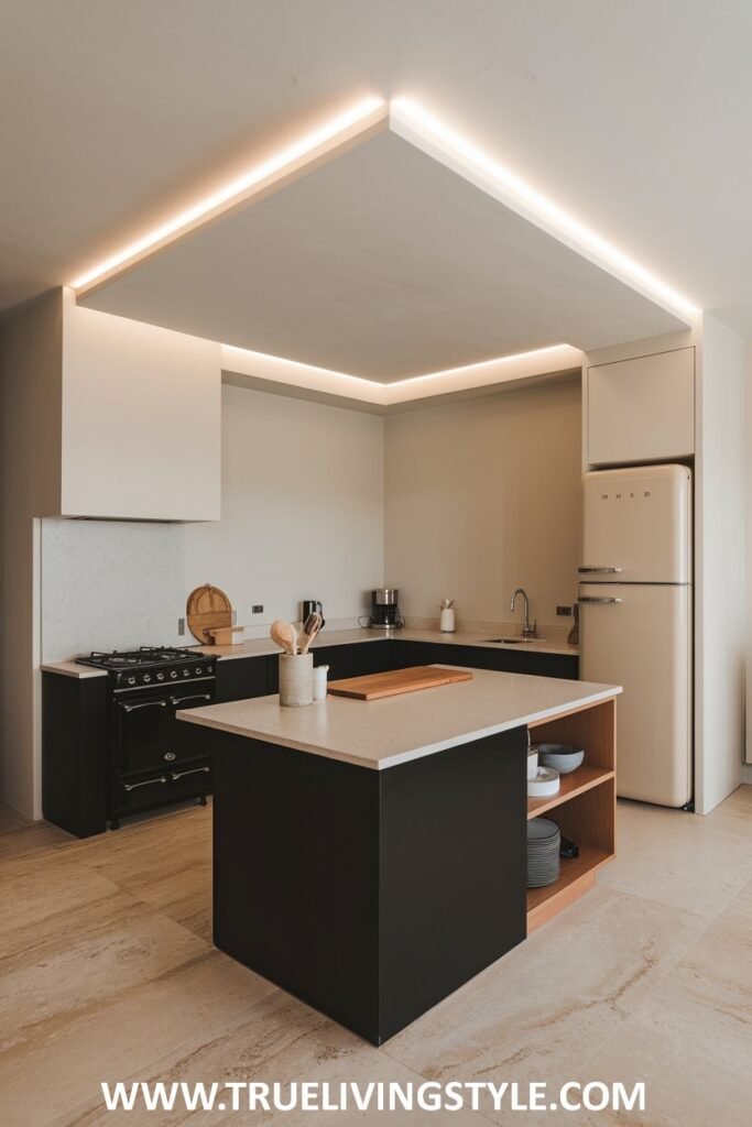 A kitchen with a black island and a vintage refrigerator.