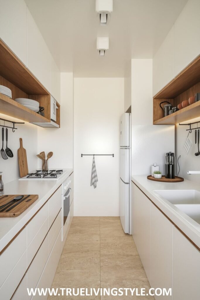 A kitchen with open wooden shelves.