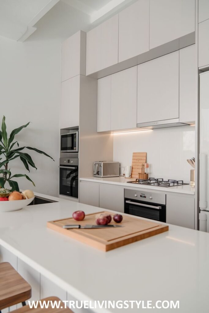 A kitchen with under-cabinet lighting.