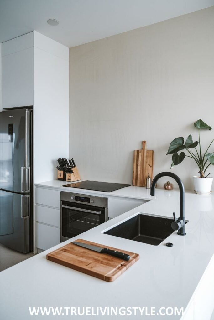 A kitchen with a wooden cutting board on the countertop.