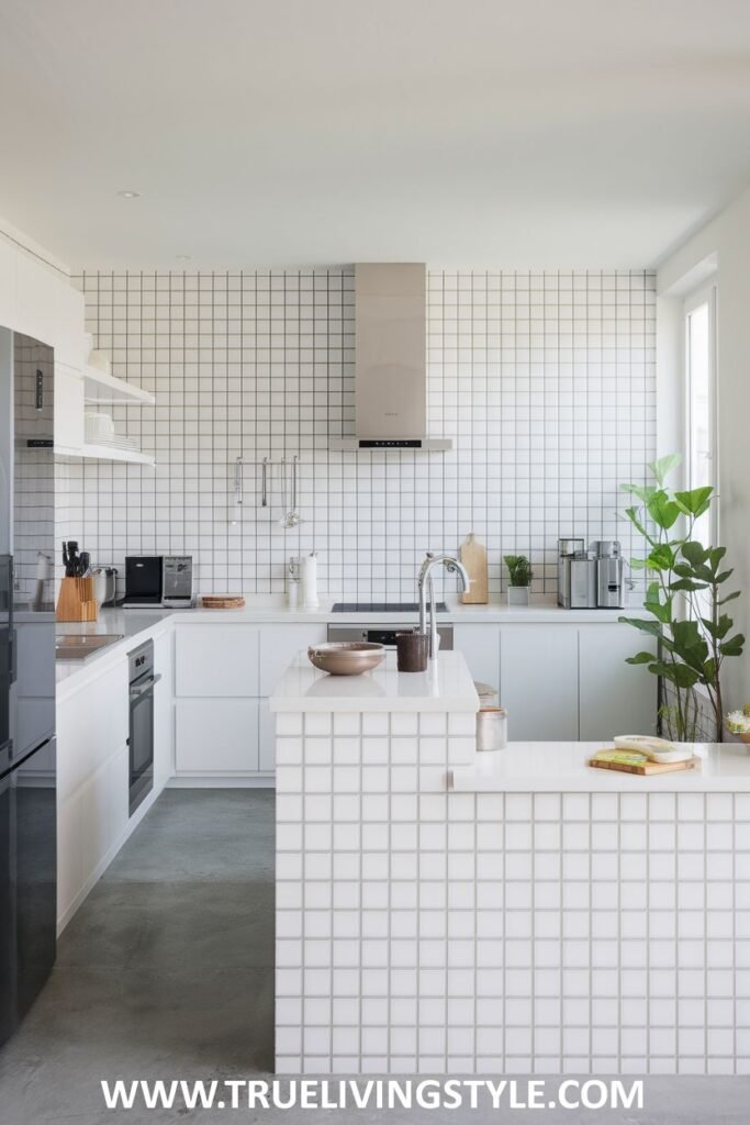 A kitchen with white square backsplash tiles.