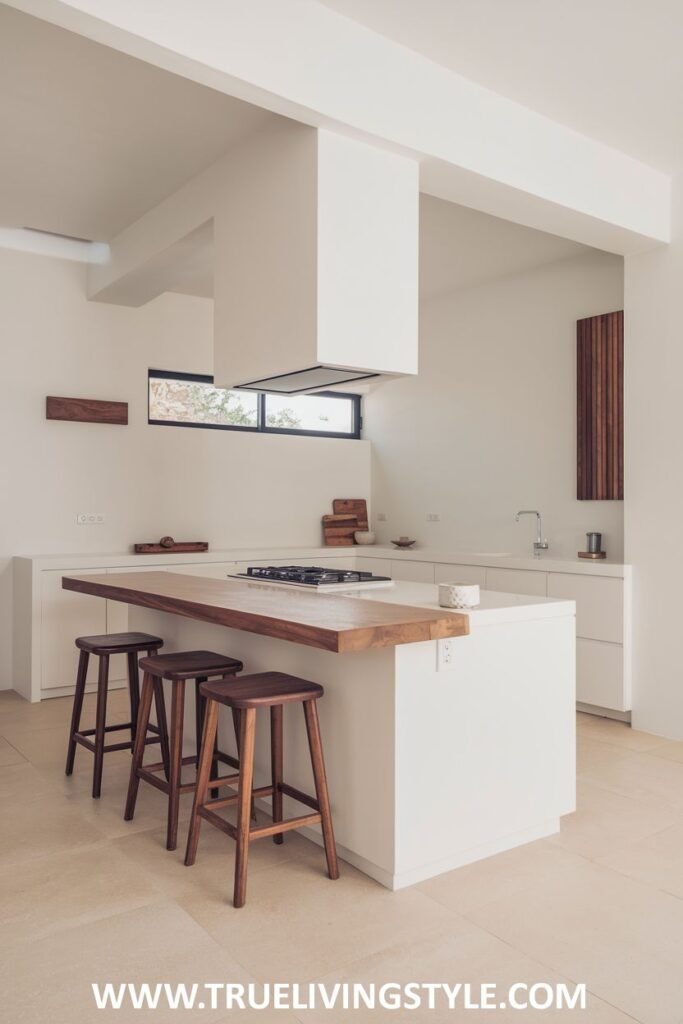 A kitchen island with a wooden countertop and bar stools.