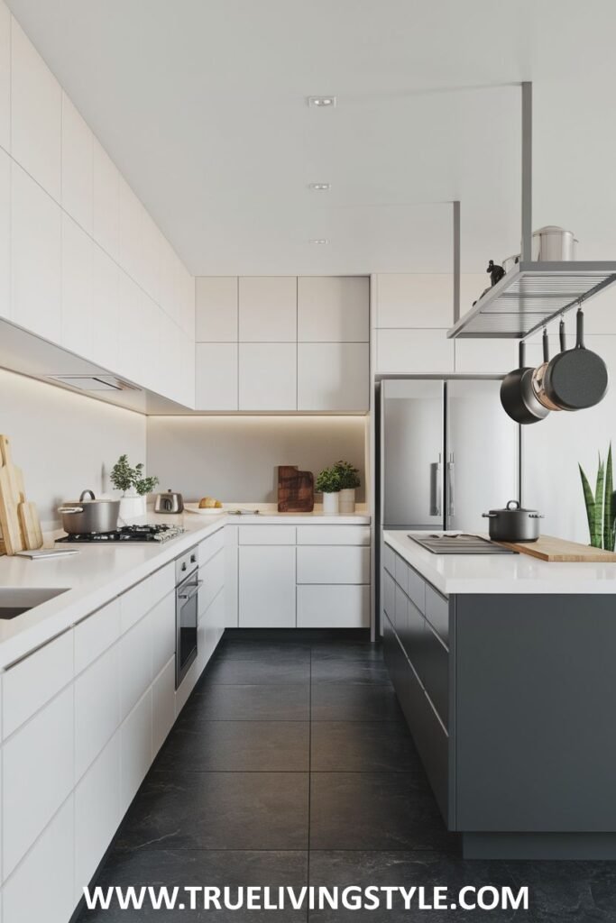 A kitchen with a dark gray island.