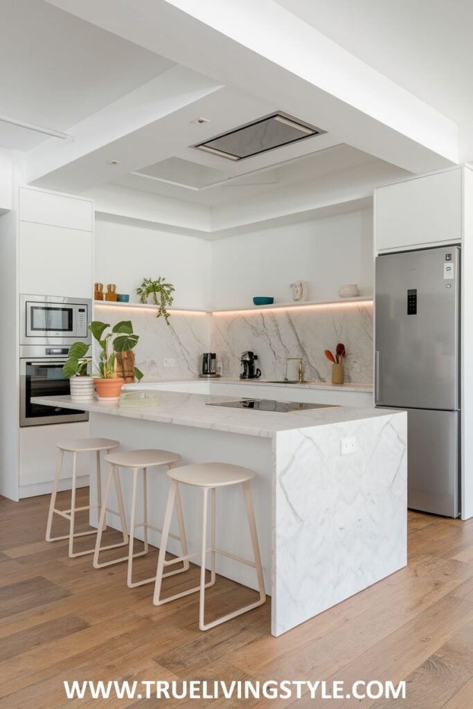 A kitchen with LED strip lights under the cabinets.