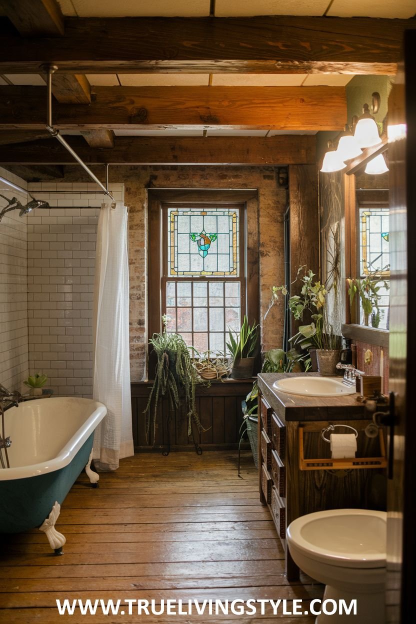 Bathroom featuring brick walls, a clawfoot tub, and wood floors.