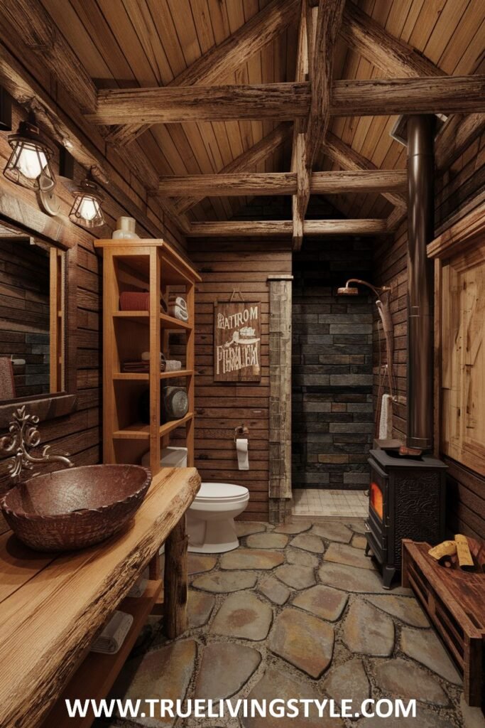 A bathroom with wood and stone walls, a stone floor, and a wood-burning stove.