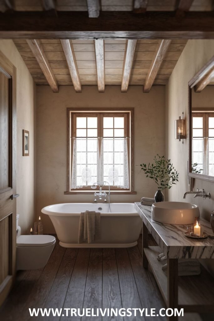 Bathroom featuring wood floors, a freestanding tub, and a wooden vanity with candles.