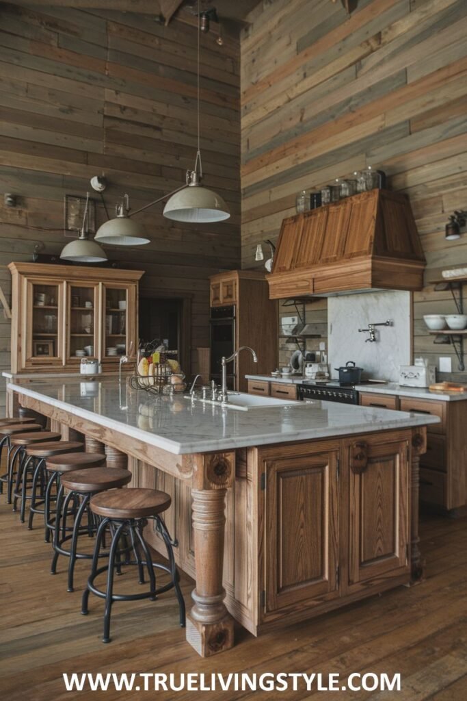  A kitchen features a wooden kitchen island with a marble countertop and seating.