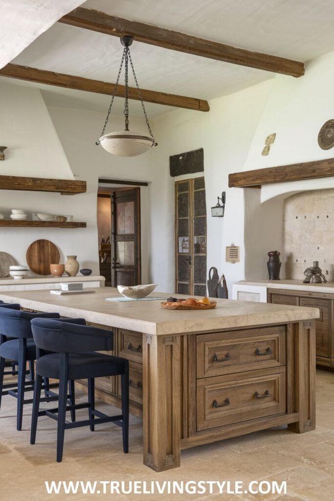 A kitchen features a wooden kitchen island with drawers.