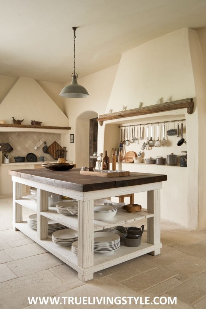 A kitchen features a white kitchen island with open shelving.