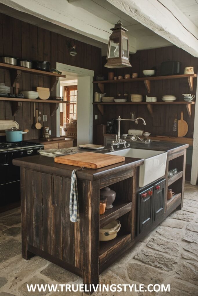 A kitchen features a dark wooden kitchen island with a sink.