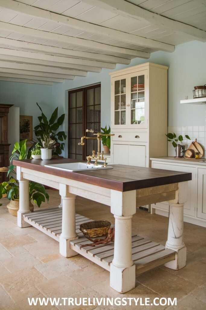 A kitchen features a wooden kitchen island with an extra shelf at the bottom.