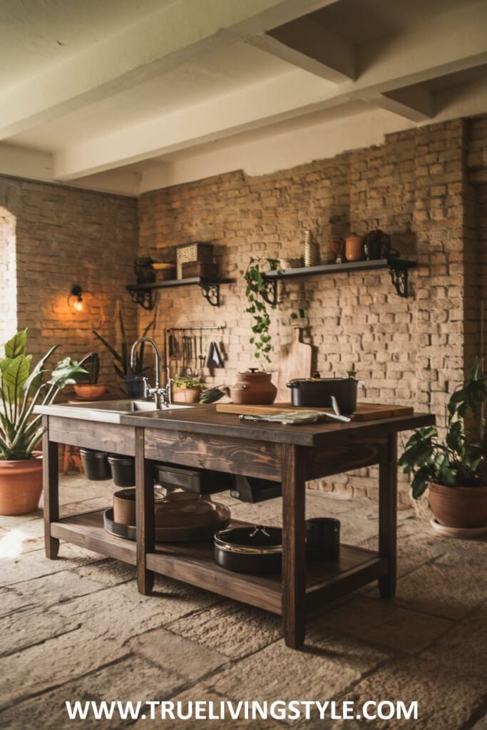 A kitchen features a dark wooden kitchen island with lower open storage.