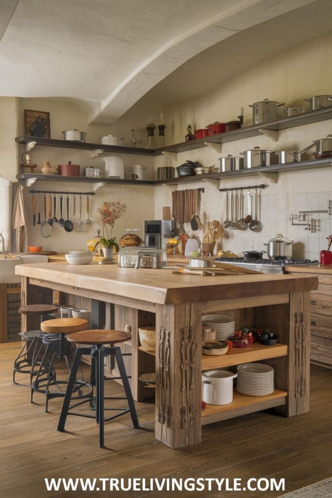 A kitchen features a wooden kitchen island with black metal stools and open shelving.