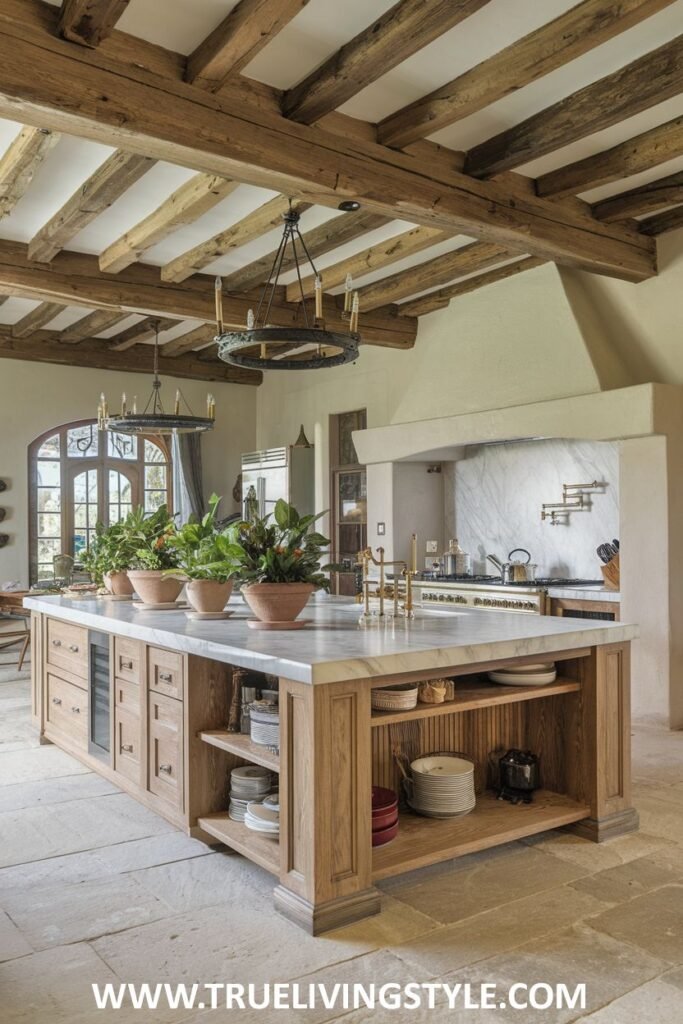 A kitchen features a kitchen island with open storage, a marble countertop, and wooden beams on the ceiling.