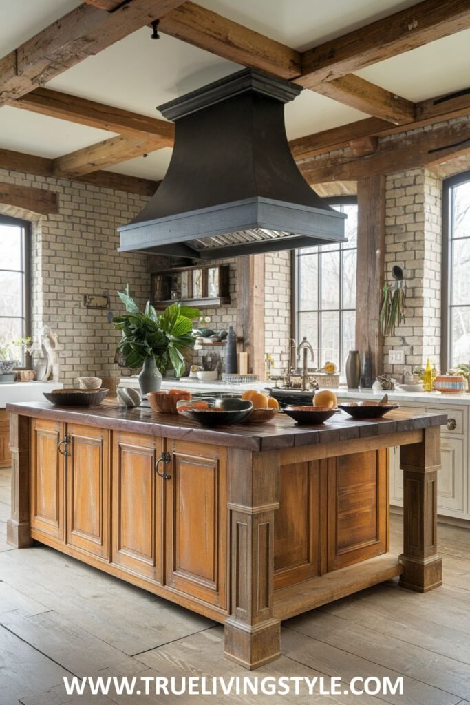 A kitchen features a wooden kitchen island with paneled doors.