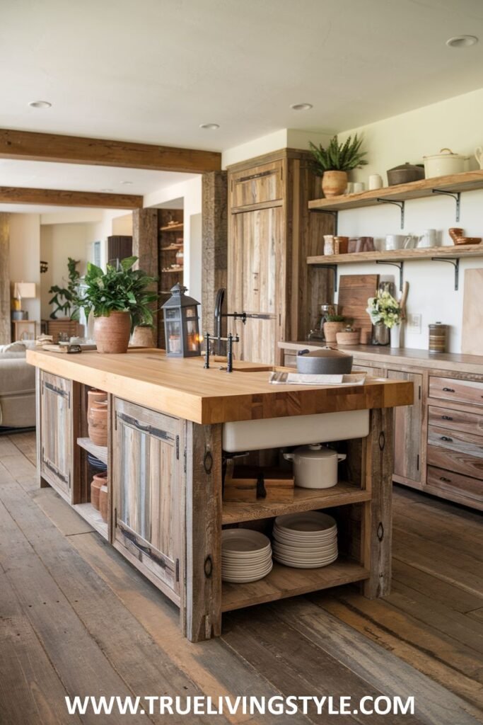 A kitchen features a wooden kitchen island with a farmhouse sink.