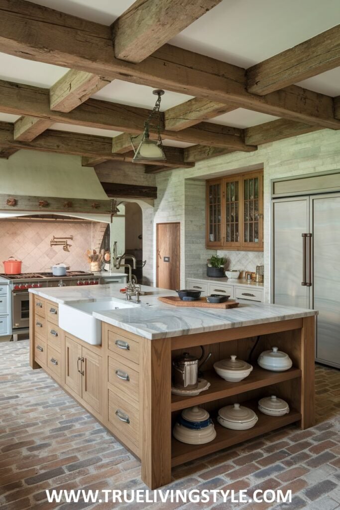 A kitchen features a wooden kitchen island with storage and a marble countertop.