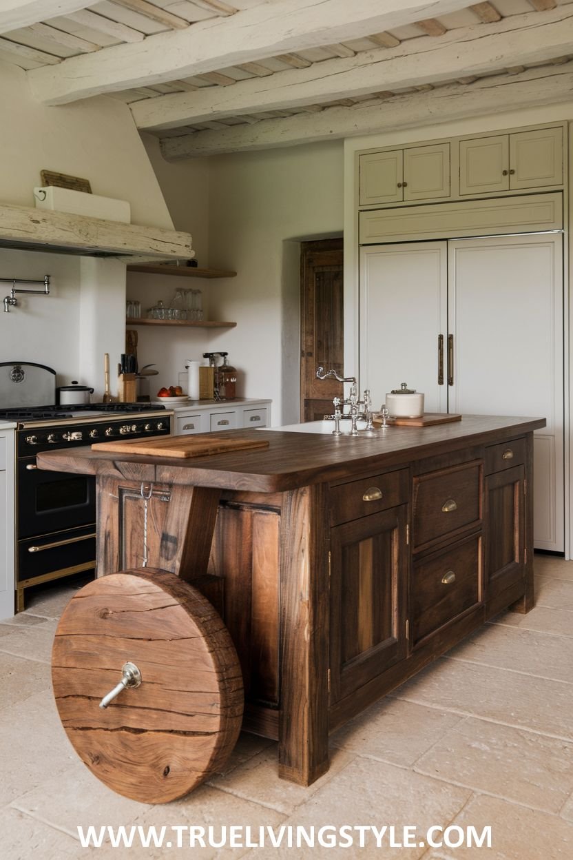 A kitchen features a wooden kitchen island with an attached wheel.