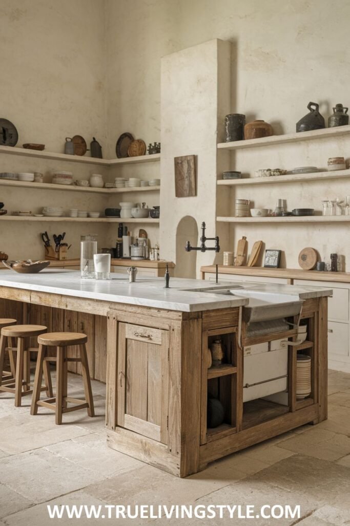 A kitchen showcases a rustic wooden island with a marble countertop and open shelving.