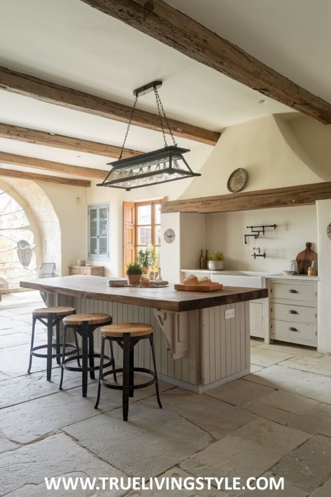 A kitchen features a kitchen island with an overhanging countertop for seating and wooden beams on the ceiling.