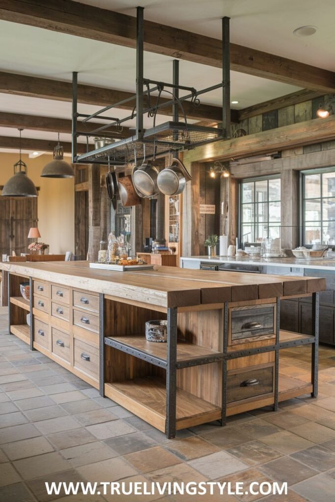 A kitchen features a wooden kitchen island with drawers and open shelving, along with a pot rack hanging above.