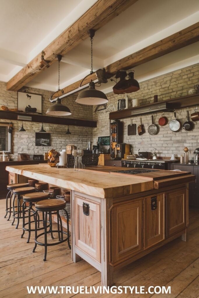 A kitchen features a wooden kitchen island with stool seating.