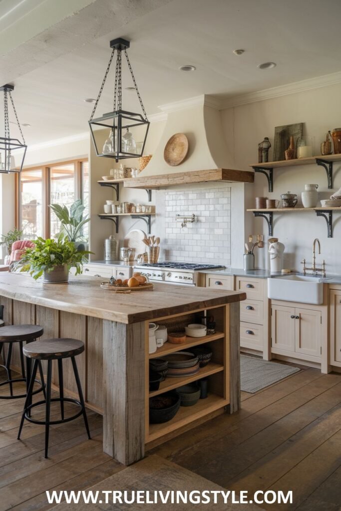 A kitchen features a wooden kitchen island with an open shelf and light fixtures hanging above.