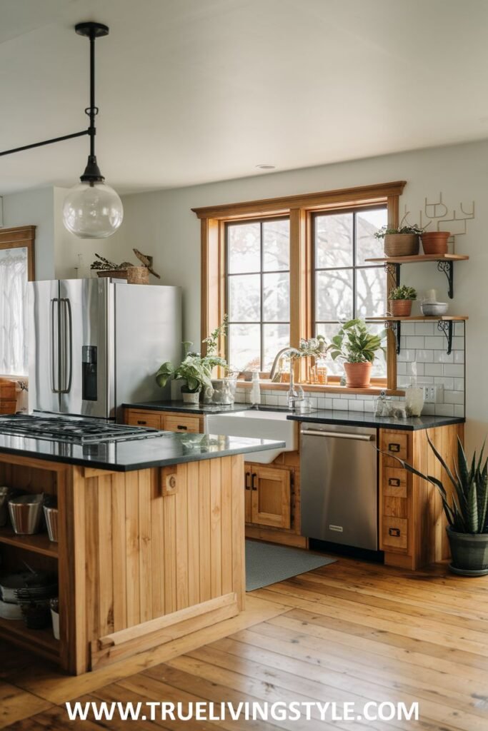 Bright kitchen with stainless fridge, wooden island with cooktop, and farmhouse sink.