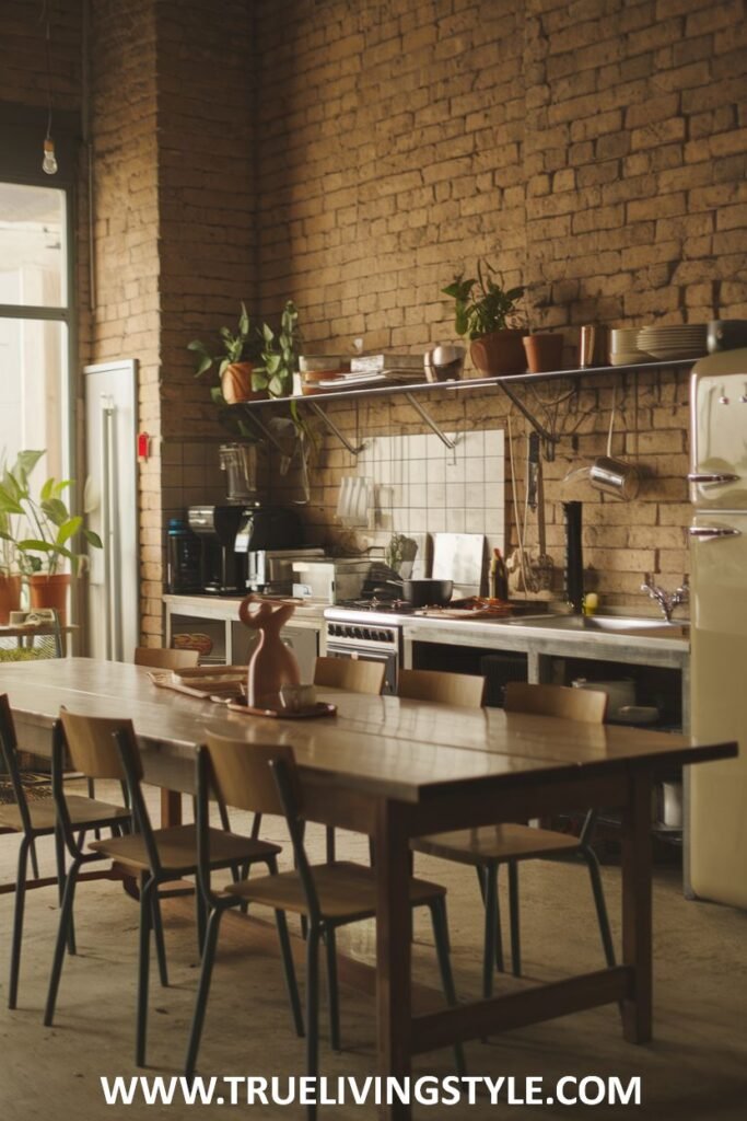 Rustic industrial kitchen with wooden table and brick walls.