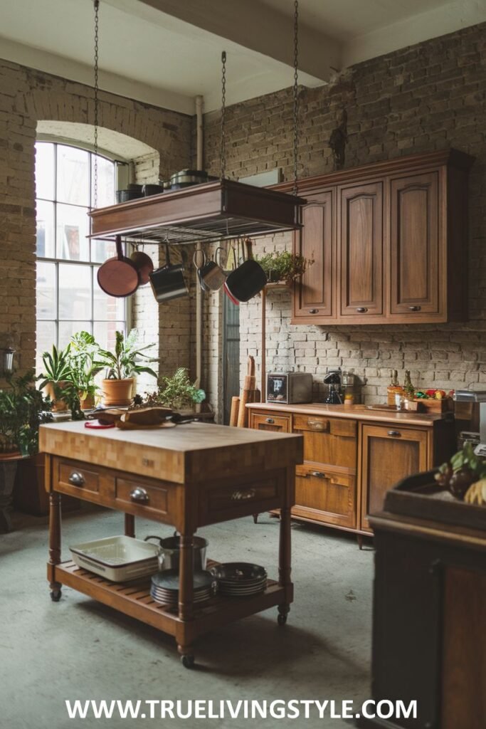 Industrial kitchen with brick, wooden cabinets, and butcher block island.