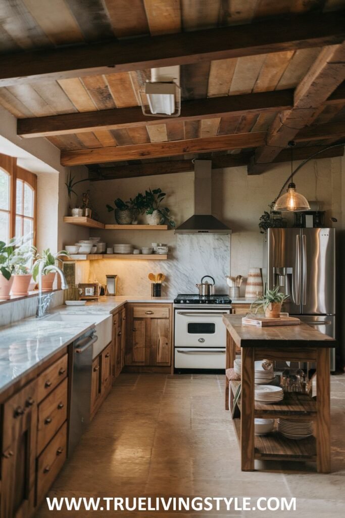 Rustic kitchen with wooden cabinets, white range, and stainless fridge.