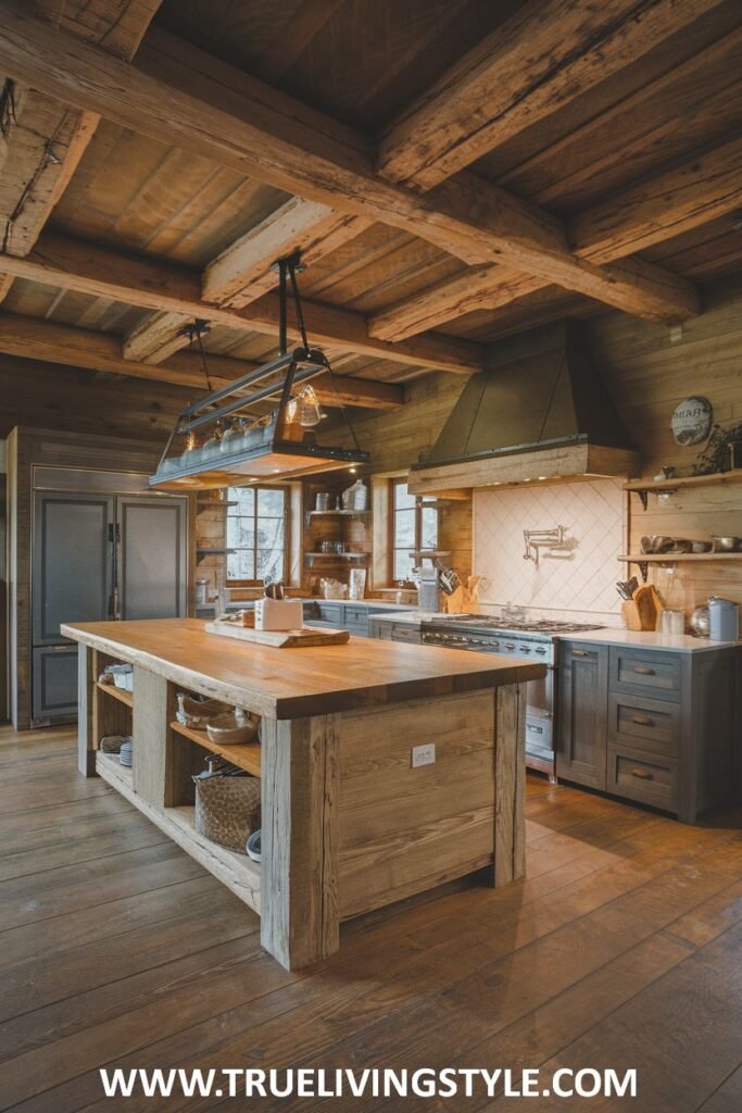 Rustic kitchen with large wooden island, gray cabinets, and exposed beams.