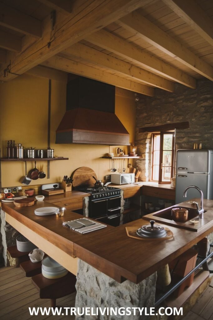 Rustic kitchen with built-in wooden counter and stone accents.