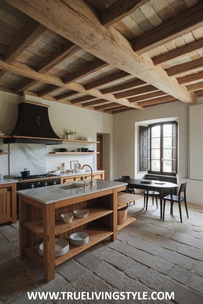 Rustic kitchen with wooden island, marble top, and dining area.