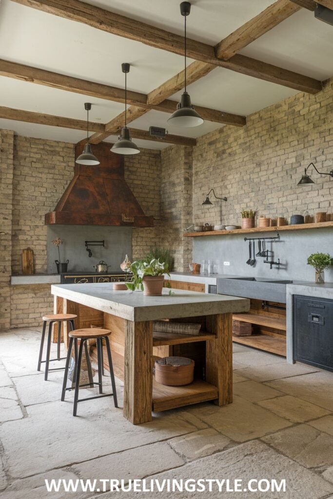 Rustic kitchen with wooden island, brick walls, and exposed beams.