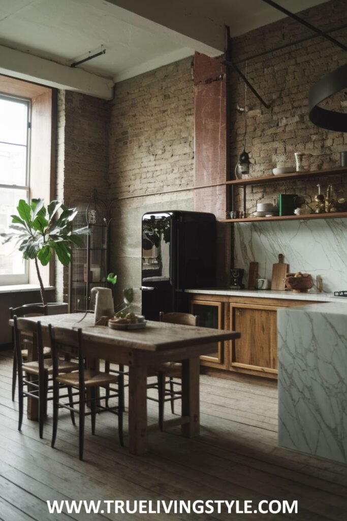 Industrial kitchen with brick walls and wooden dining table.