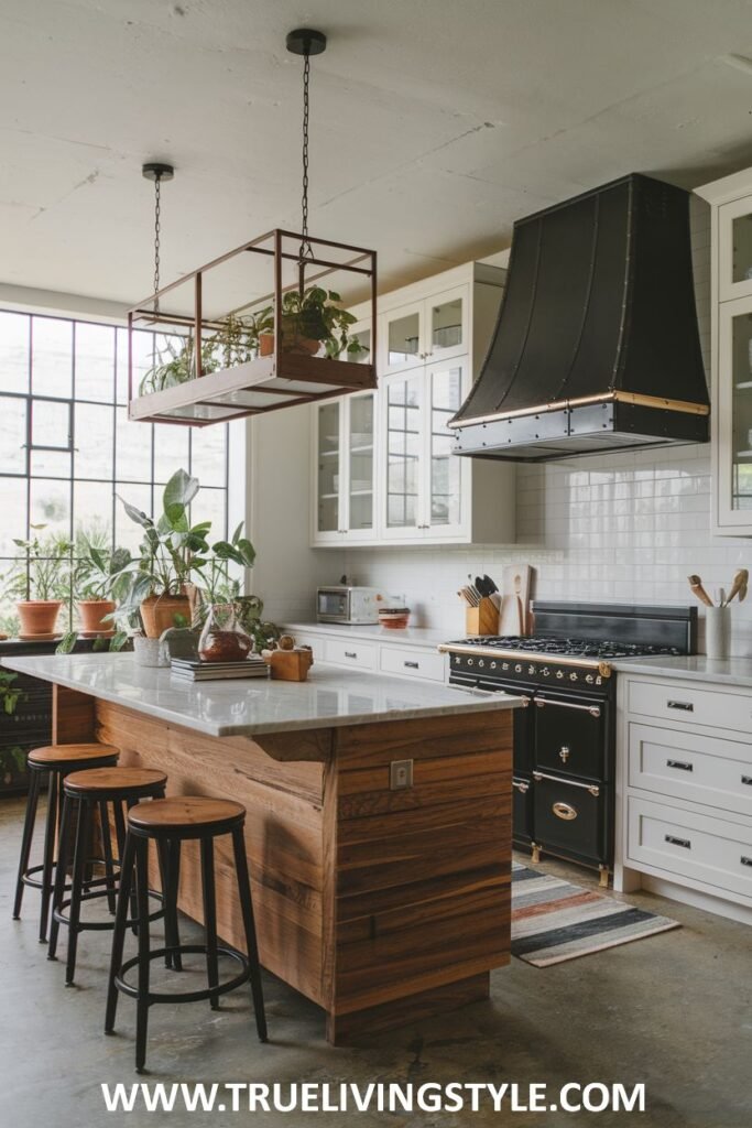 Bright kitchen with white cabinets, black range, and wooden island.