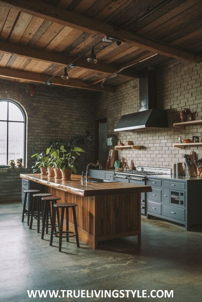 Industrial kitchen with brick, gray cabinets, and wooden island.