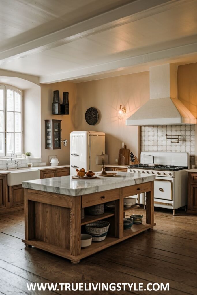 Rustic kitchen with wooden island, white fridge, and white range.