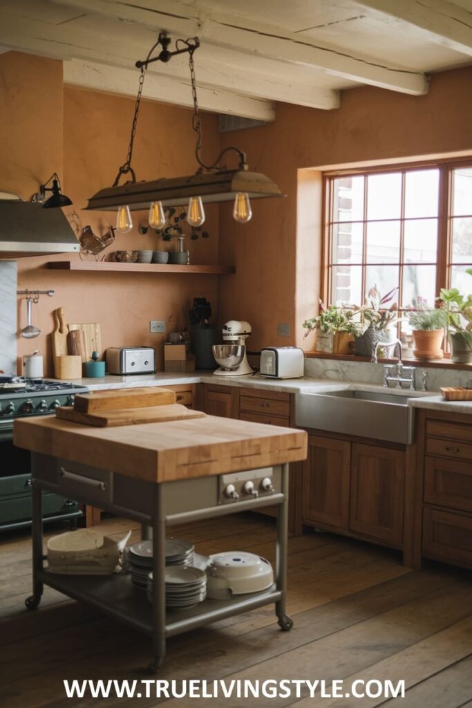 Cozy kitchen with wooden cabinets and butcher block island.